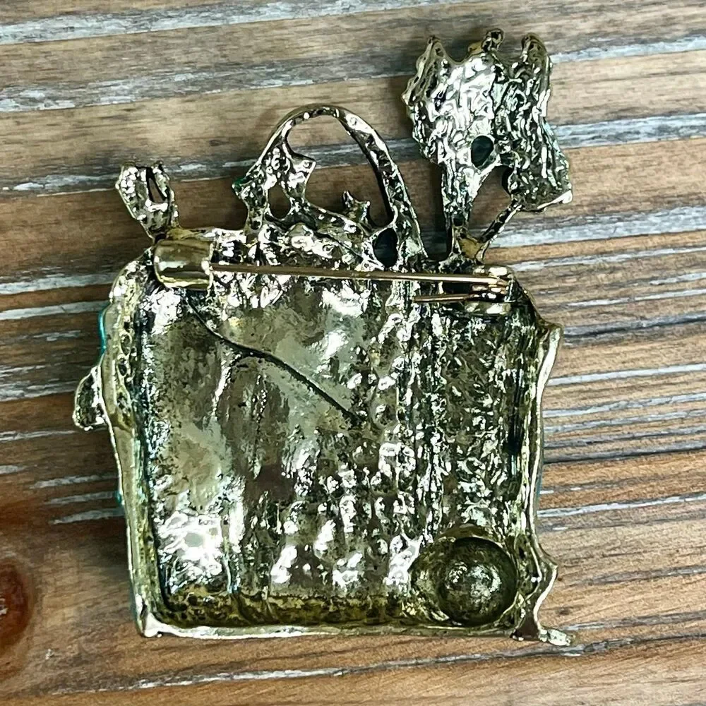 Whimsical Vintage-Style Enamel Gardening Tote Brooch